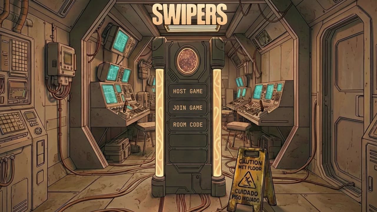 Swipers title screen: a lobby console in a cluttered facility corridor